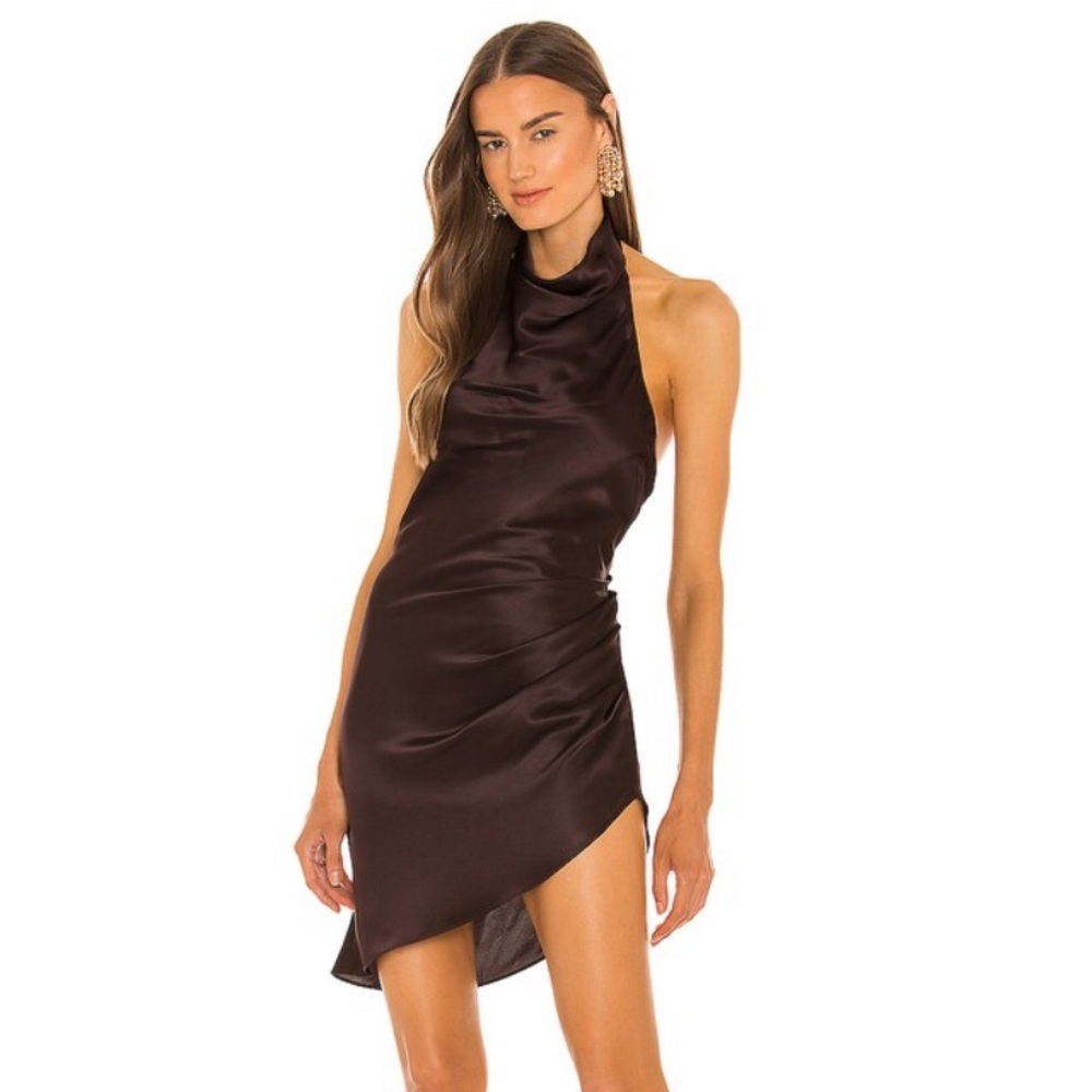 Amanda Uprichard | NEW Silk Satin Halter High Neck Samba Mini Dress in Cocoa XS